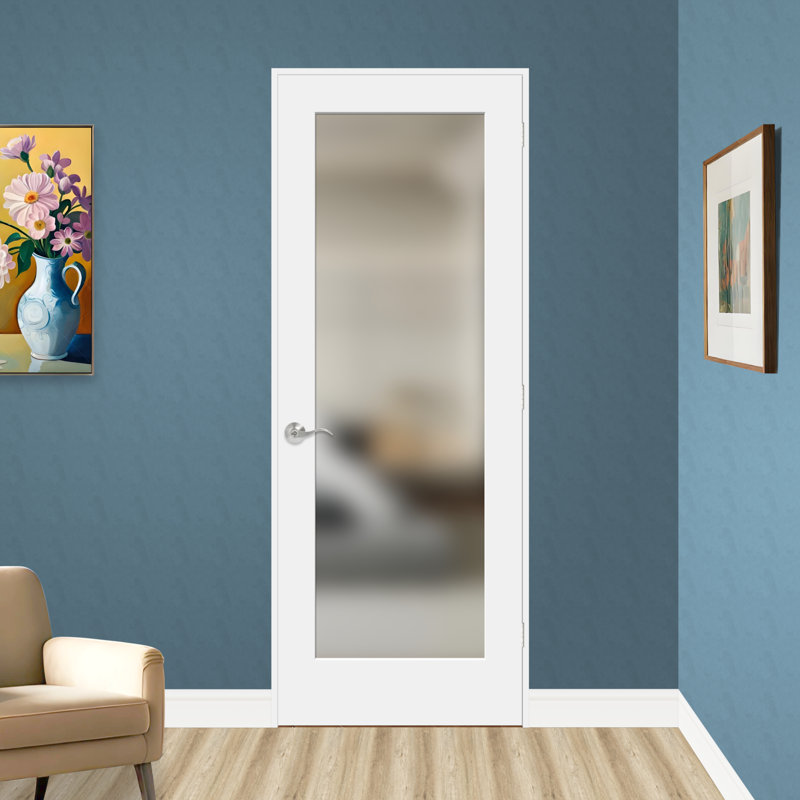 Porte pré-percée en verre trempé givré 1-Lite de 80 po de hauteur et bois manufacturé blanc apprêté, 30 po x 80 po, Gauche