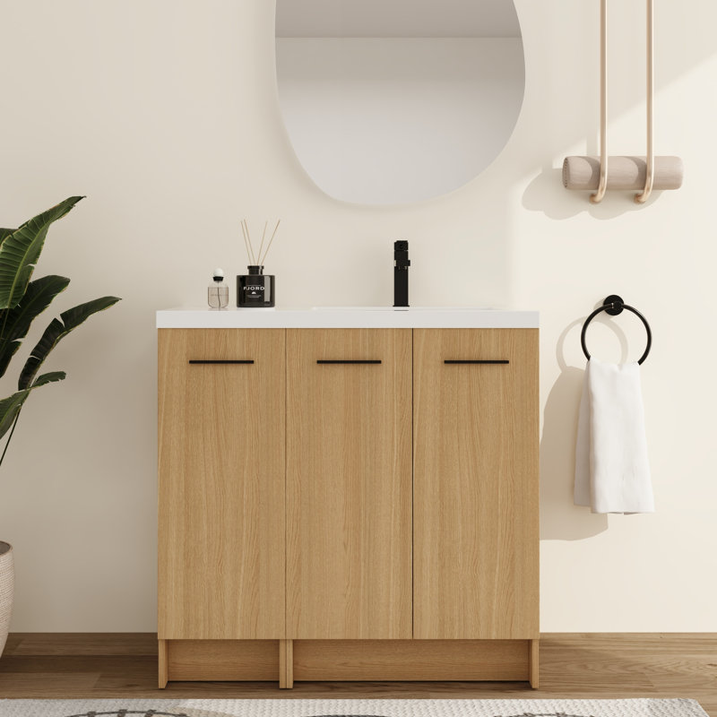 Meuble-lavabo autoportant 36 po avec lavabo en résine et tablette réglable 36 po, 3 portes à fermeture en douceur, Right