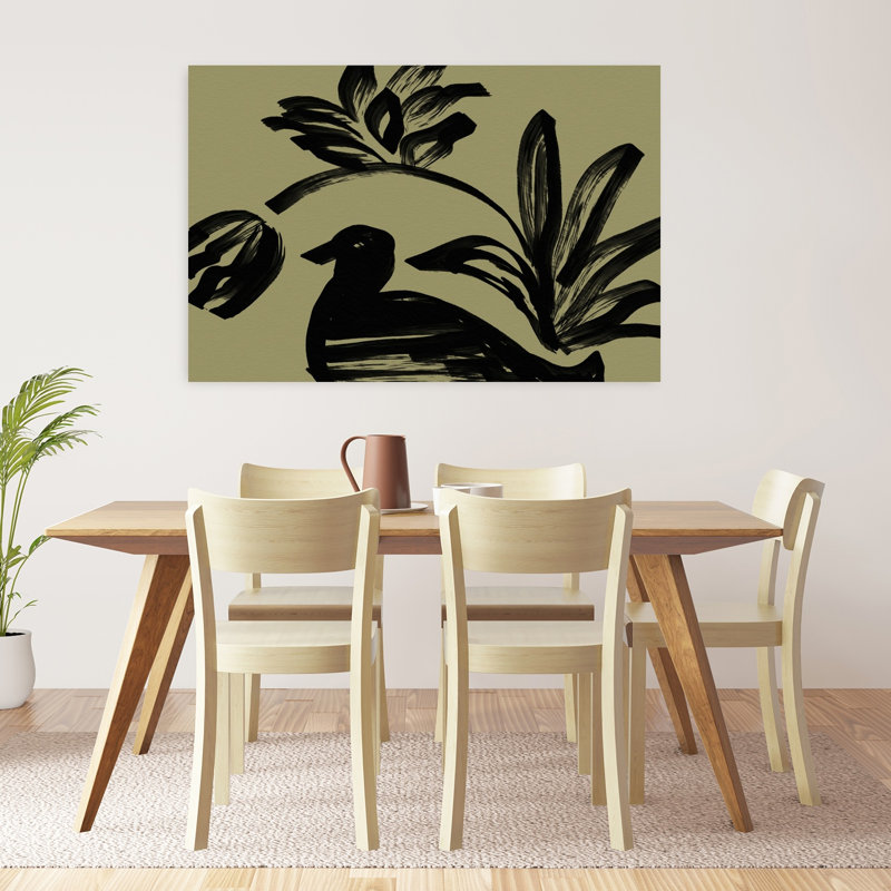 «Brushstroke Bird and Botanicals Abstract Minimalist Modern Bird Nature Plant», reproduction d'art murale, 32" H x 48" W