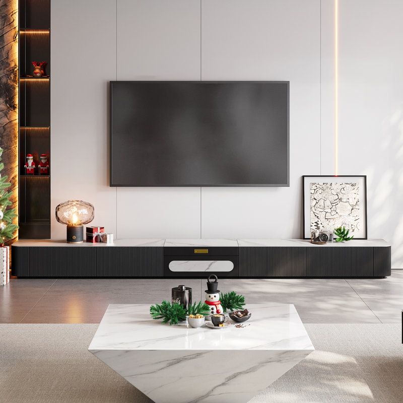 Demarre Modern TV Stand for Projector, Faux Marble Media Console with Drawers, Pre-assembly, 125.98" W