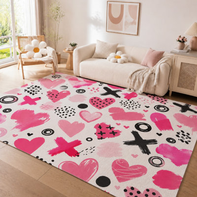 Tapis à motif de cœurs abstraits (1 pièce) - Design vibrant, lavable et facile d'entretien, grand format et mince, envers antidérapant, idéal pour le salon, la chambre, la cuisine, le bureau et la décoration intérieure.