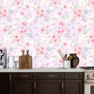 Peel and Stick Wallpaper Timeless Japanese Cherry Blossoms Kimono Yukata Pink Red Purple Contact Paper Removable Self Adhesive Wall Mural Wall Decor for Bedroom Kitchen Cabinets 17.7in x 118in