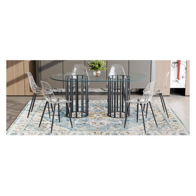 71" Oval Glass Dining Table Set with 6 Clear Acrylic Chairs, Silver Double Pedestal Base - Modern Luxury Kitchen Furniture