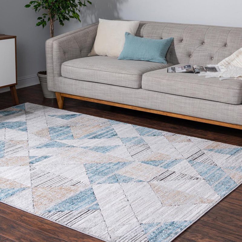  Tapis géométrique beige / bleu, Rectangulaire 8 pi x 11 pi