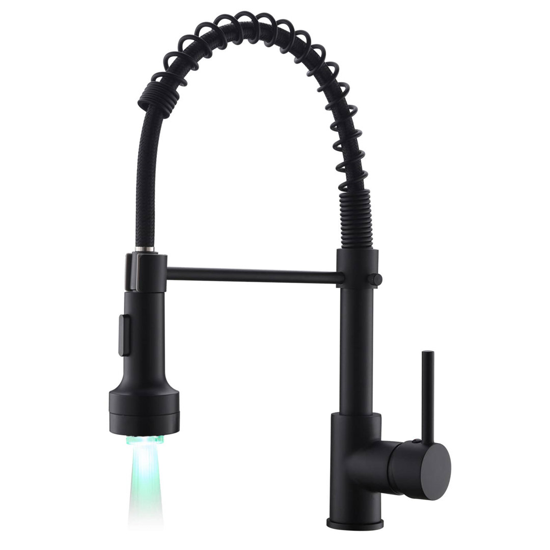 Commercial Kitchen Sink Faucet With Pull Down Sprayer Modern Brass Single Hole LED Kitchen Faucets Single Handle High Arc Mixer Faucets With Valve URENTO 