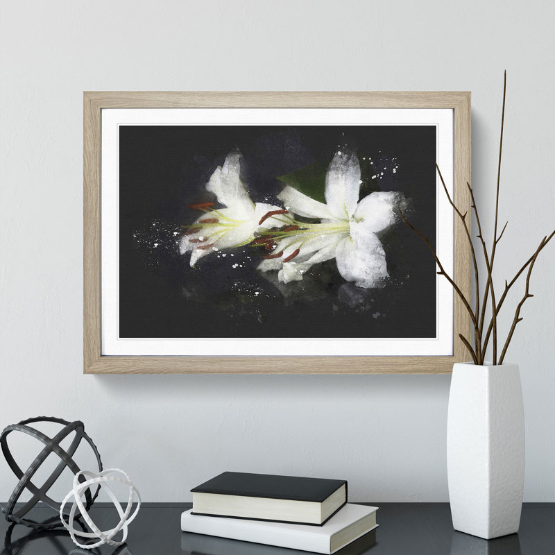 White Lily Flowers - Picture Frame Graphic Art, Oak Framed, 27cm H x 36cm W x 2cm D
