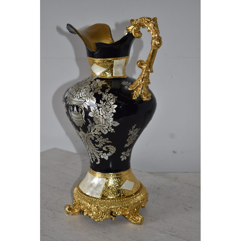 Black And Silver Rounded Hydria Resin Vase Size: 11" X 8" X 18"H