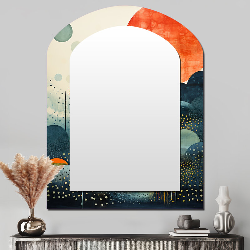 Blue Mid Century Abstract Landscapes - Midcentury Modern Asymmetrical Unique Wall Mirror Decor, Blue Arch Large Mirror, Printed Metal Art