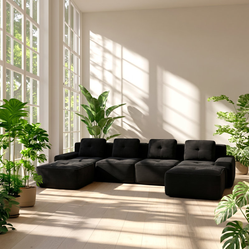 Canapé modulaire 4 places en velours côtelé l 150,4 po x P 69,7 po x H 27,1 po Ailuridae, Black