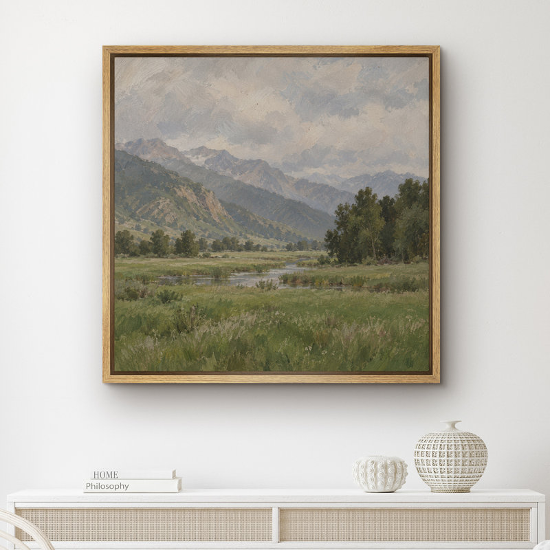 Tableau encadré sur toile représentant un paysage pittoresque de vallée, de rivière et de prairie., H 16 po x l 16 po