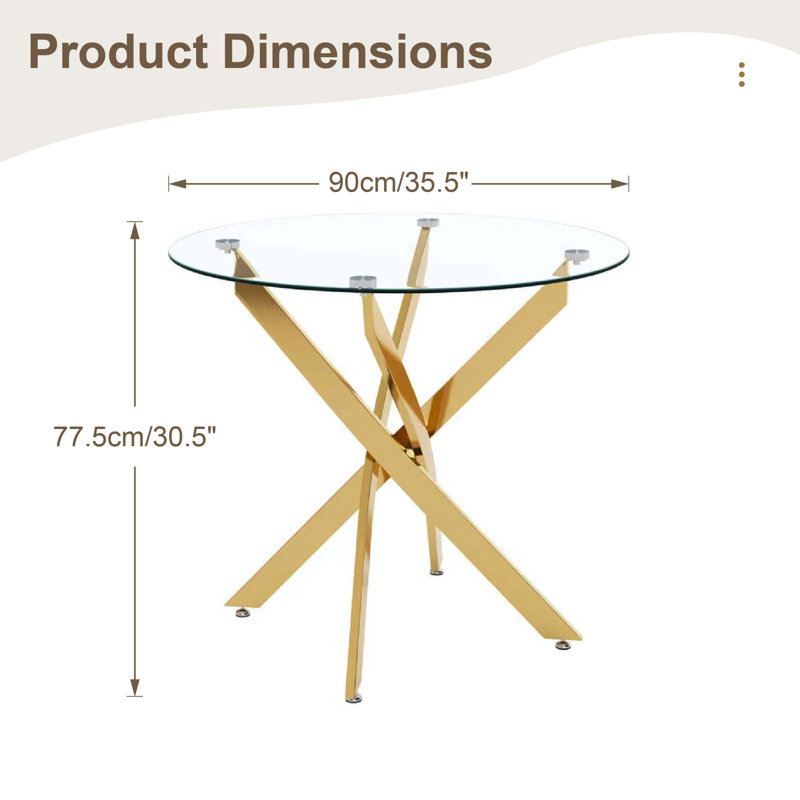 Round Dining Table, 35.5" Glass Dining Table With Legs, Modern Kitchen Table For Home Kitchen, Dining Room, Gold