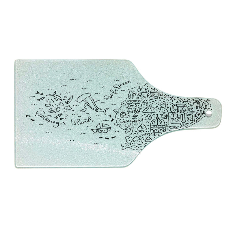 Ambesonne Équateur, planche à découper en verre trempé, infographie, griffonnage, carte, gris anthracite et blanc