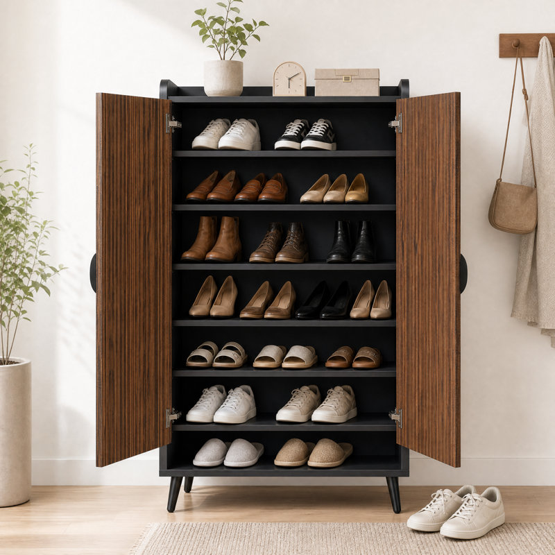 Range-chaussures avec tablettes réglables et portes, Brun rustique / noir