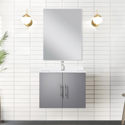 Meuble-lavabo gris foncé 24 po L 22 po x P, comptoir en quartz blanc et robinet inclus, meuble-lavabo avec surface de travail à miroir et surface de travail 18 po