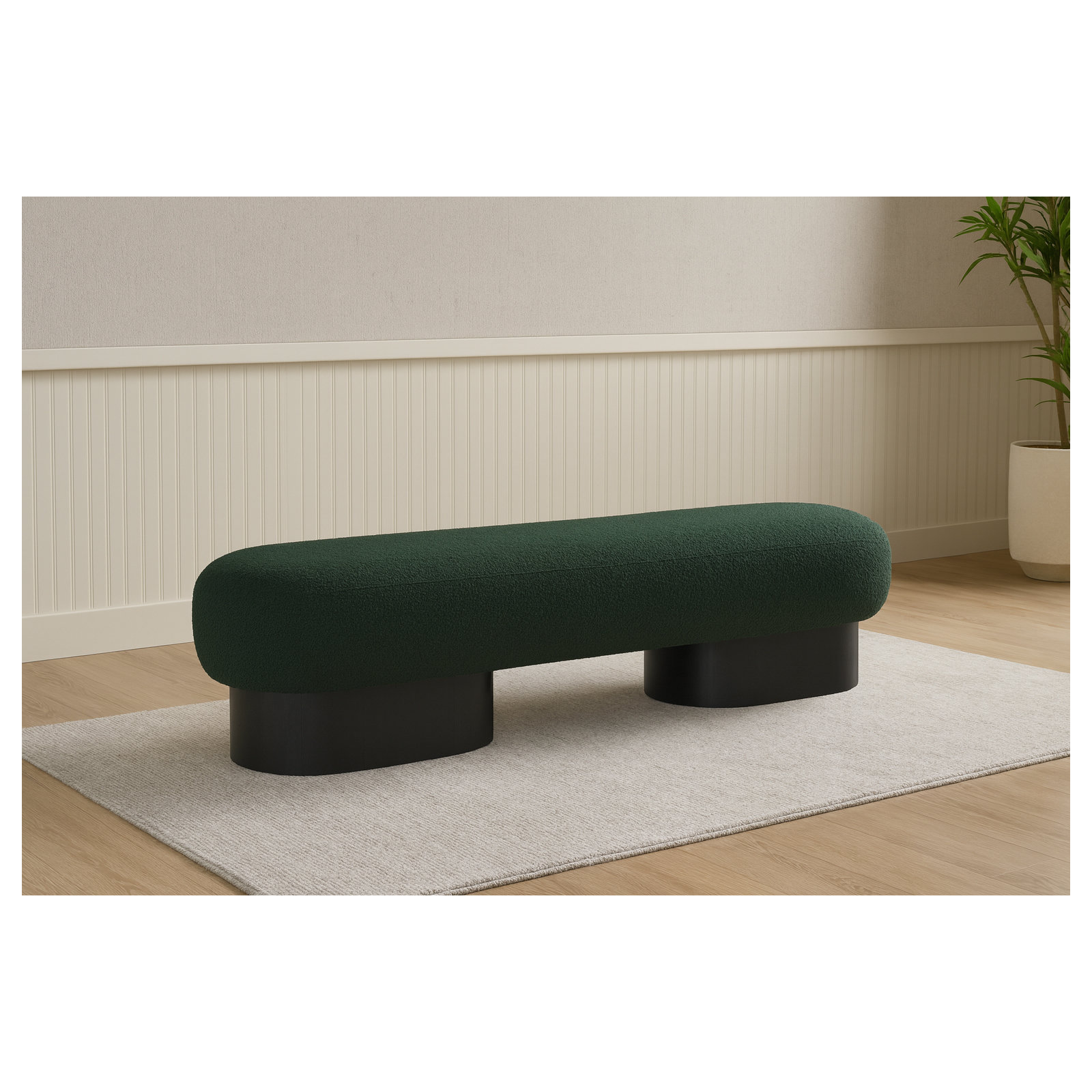 Denyer Boucle Fabric Upholstered Bench, Green Boucle Fabric, Black