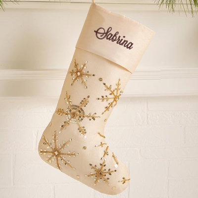 Golden Sparkle Snowflake Embroidered Christmas Stocking