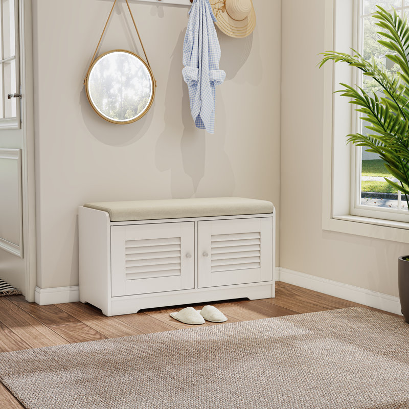 Banc de rangement pour chaussures 28,74 "avec armoire à 2 portes, banc de hall d'entrée avec rangement pour chaussures, banc de chaussures avec coussin
