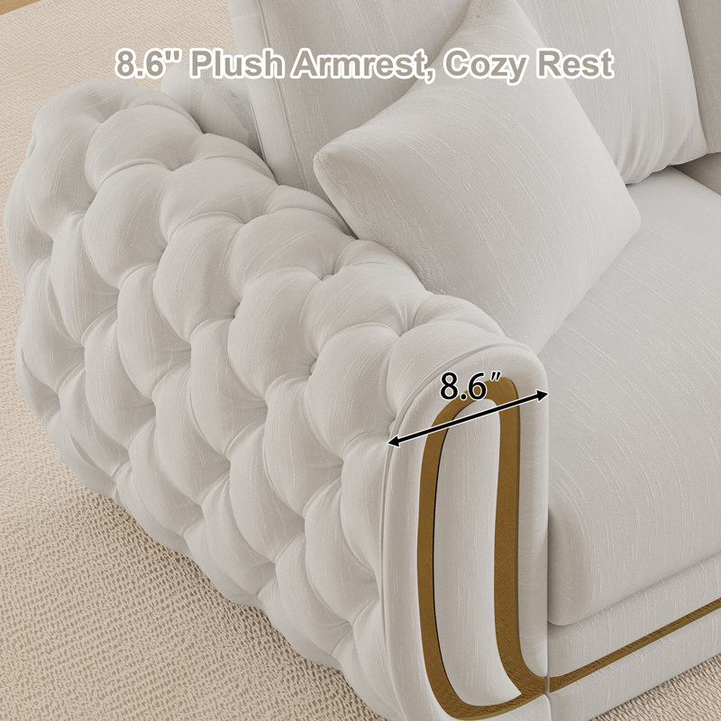 67'' Glitter Velvet Sofa with Gold Accent Arms, Beige White, 31.6" H x 67" W x 33" D