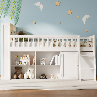 Lit mezzanine double avec rangement, tête de lit avec lumière DEL, blanc