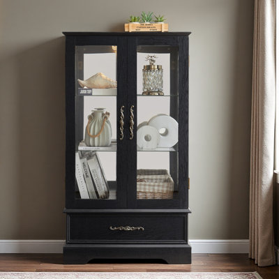 Lighted Glass Curio Cabinet With Adjustable Shelves - Elegant 2-Door Display Cabinet & Built-In Drawer, Includes Bulb