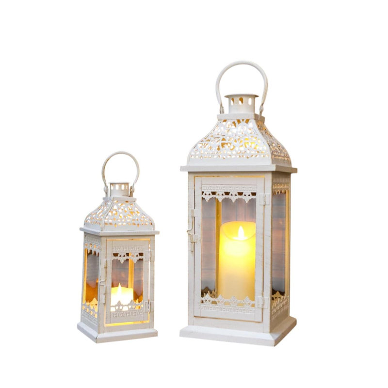 Set of Two Cream Distressed Filigree Metal Tabletop Lantern Candle Holders