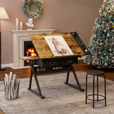 Adjustable Drafting Desk With Stool And 2 Drawers For Home Office