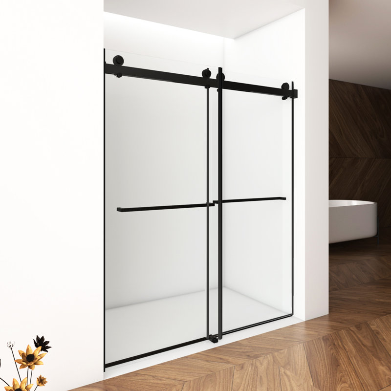 Porte de douche de 56 à 60 po x H 76 po, double coulissante, verre trempé, noir mat, antirouille et imperméable, Noir mat