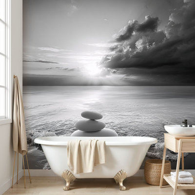 Papier peint adhésif autocollant zen noir blanc plage océan paysage marin coucher de soleil paysage pierres empilées papier autocollant amovible pour décoration de salon Chambre à coucher H 100 po x l 144 po