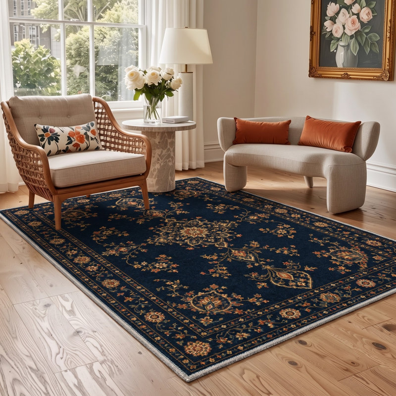 Tapis oriental bleu marine / doré lavable à la machine avec envers antidérapant, Rectangle 9 pi x 12 pi