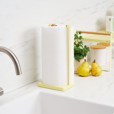 Yamazaki Home One-Handed Tear Paper Towel Holder - Kitchen Storage Rack, Steel + Wood