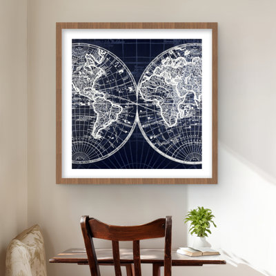 «World Map Blue Print» - impressions bleues encadrées pour la décoration intérieure
