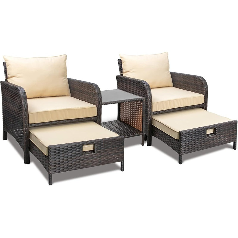 Ensemble de conversation extérieur 5 pièces pour patio, comprenant des chaises en rotin tressé PE, 2 poufs et une table en verre, marron