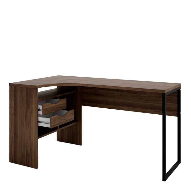 Gouge L-Shaped Stainless Steel Computer Desk, Walnut