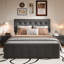 Base de lit tapissier grand format en similicuir avec tête de lit capitonnée à boutons, 4 tiroirs de rangement roulants, support à lattes en bois, aucun sommier nécessaire, gris foncé-130371448-130371453