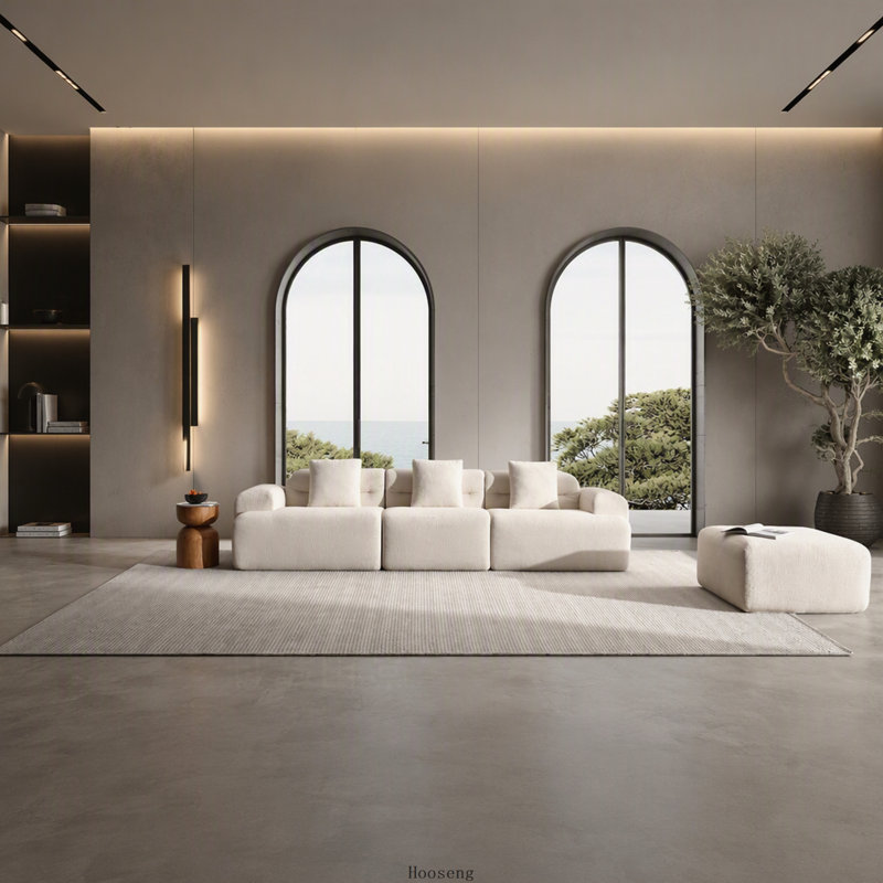 Canapé d'angle modulaire en velours côtelé compressé Modern Cloud avec pouf, beige, Beige Corduroy