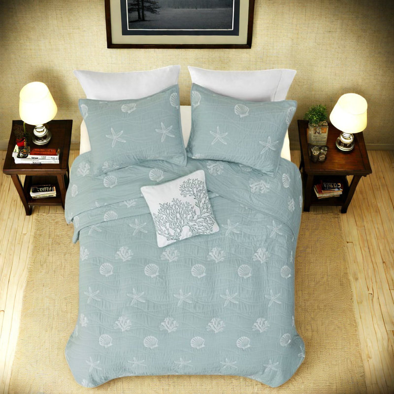 Ensemble de literie en coton Coastal, courtepointe réversible avec étoile de mer brodée, grand turquoise