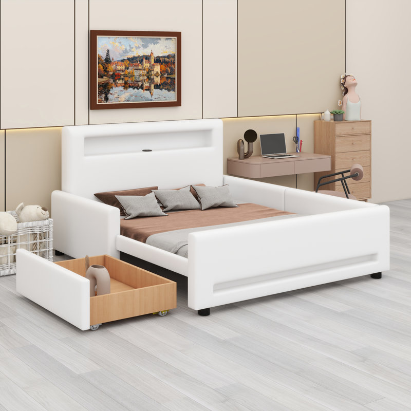 Lit plateforme à technologie de pointe avec rangement, charge USB et lumières DEL, Blanc