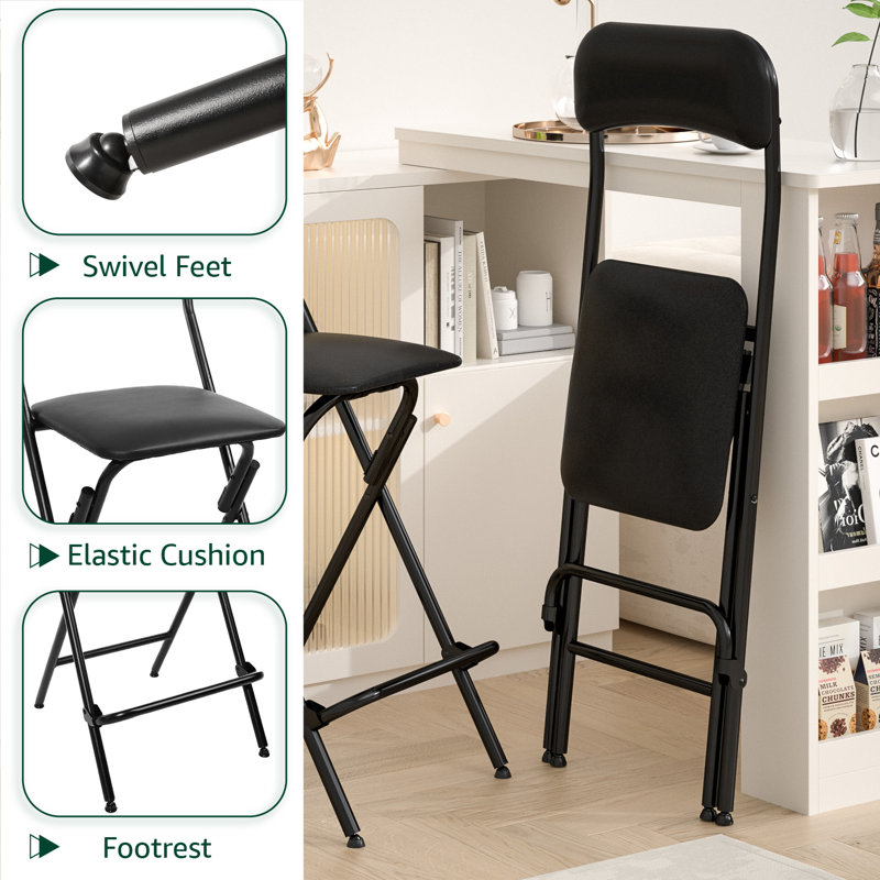 Upholstered Padded Folding Bar Stools with Footrest, Black