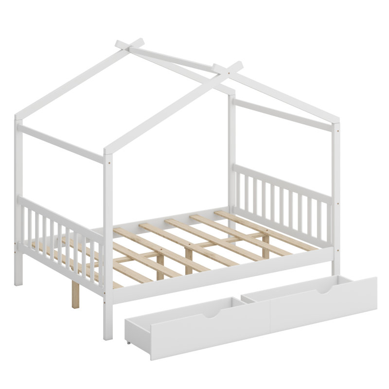 Lit plateforme House avec deux tiroirs, tête et pied de lit, toit, Blanc