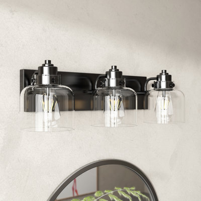 Luminaire de salle de bain à intensité variable 3 lumières de couleur noire matte avec abat-jour en verre transparent 23 po.