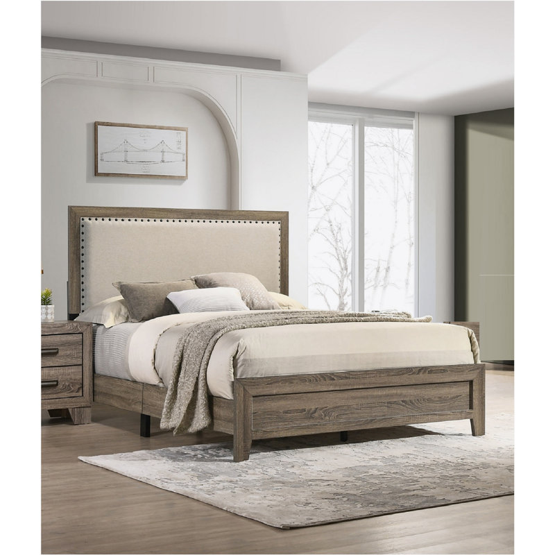 Shristi Fabric Upholstered Headboard Tufted Nailhead Trim 1pc Panel Bed Beautiful Wooden Bedroom Furniture, Gray, King