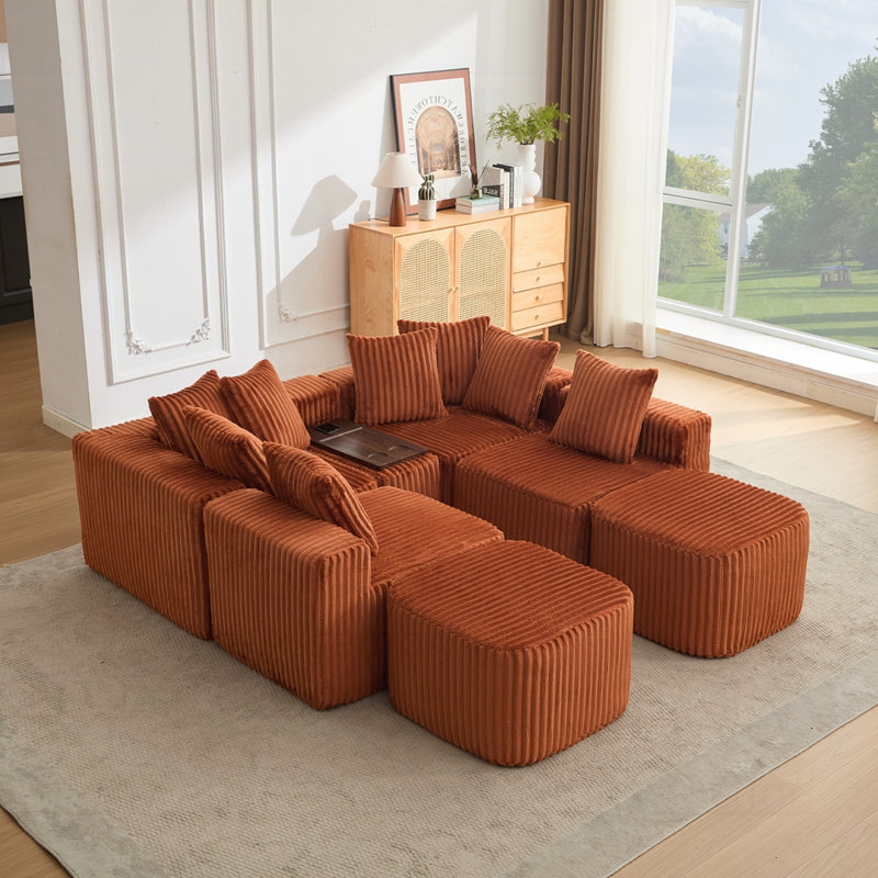 Canapé en U avec chargement USB et sans fil, table basse, porte-gobelet, conception modulaire surdimensionnée et mobile, sans assemblage, 6 sièges, velours côtelé