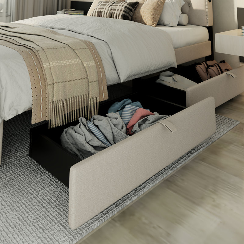 Cathlina Tufted Upholstered Linen Platform Queen Bed with 2 USB Ports and 2 Storage Drawers, Beige