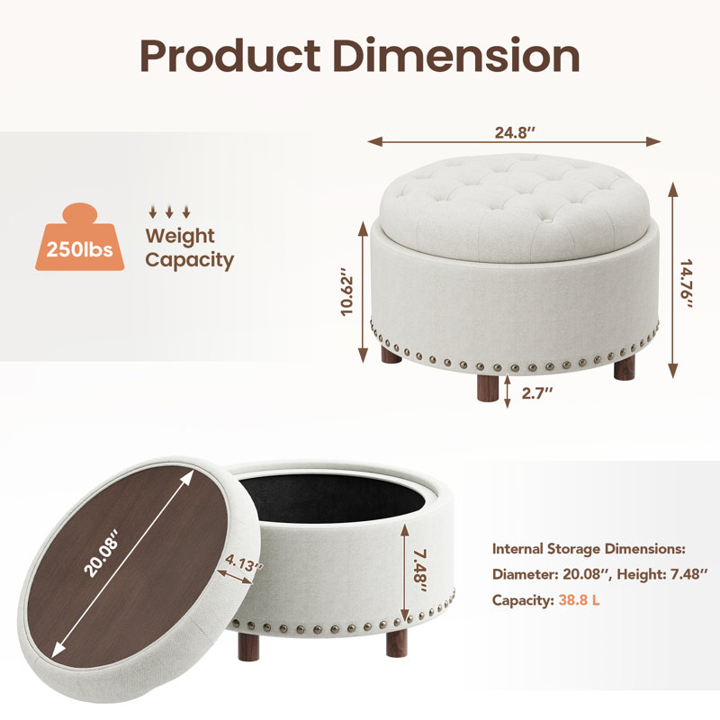 Repose-pieds 25 po avec rangement capitonné rond et coussin capitonné, Beige