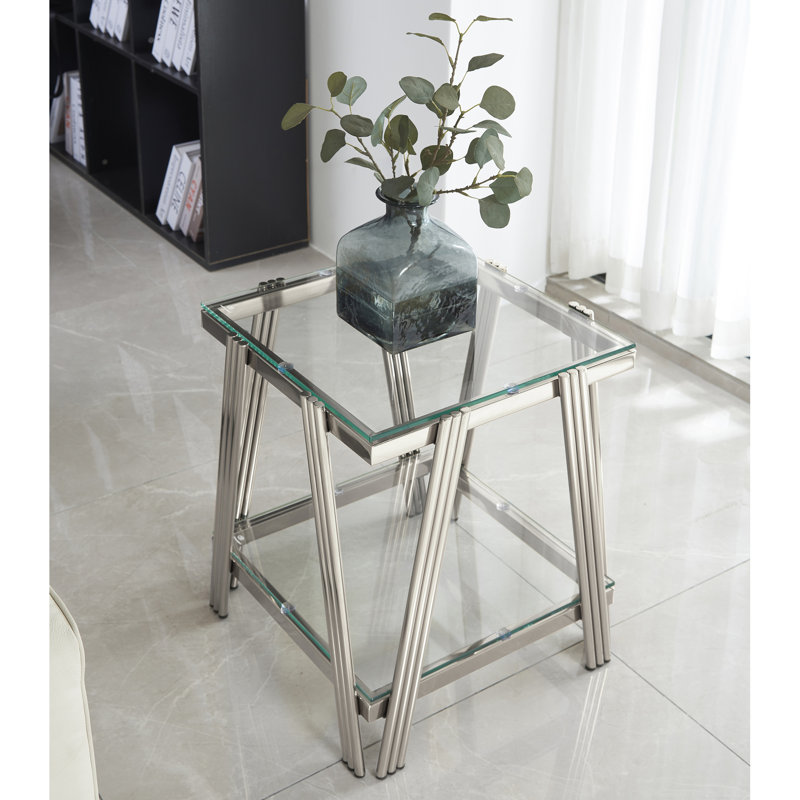 Table de bout moderne carrée de 20 pouces, structure en acier inoxydable et verre trempé transparent, table d'appoint avec rangement pour le bureau à domicile, double couche argentée