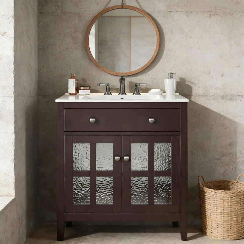 Bathroom Vanity with Sink, Adjustable Shelf and 2 glass Doors, Dark Brown