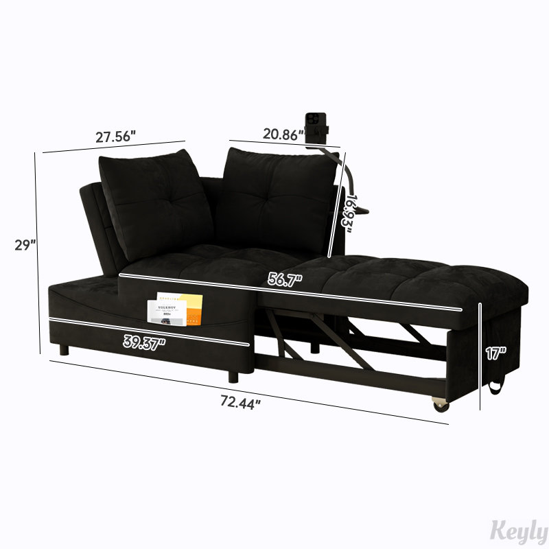 Lit escamotable en velours, canapé-lit pliable en 3 longueurs, Noir, noir, noir, noir