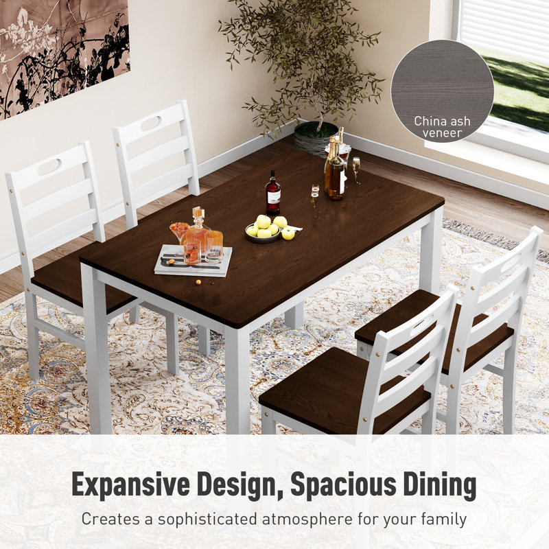 5-Piece Kitchen Dining Table Sets, Space-Saving Solid Wood Kitchen Dining Sets with 4 Slat Back Chairs, Dark Walnut/White