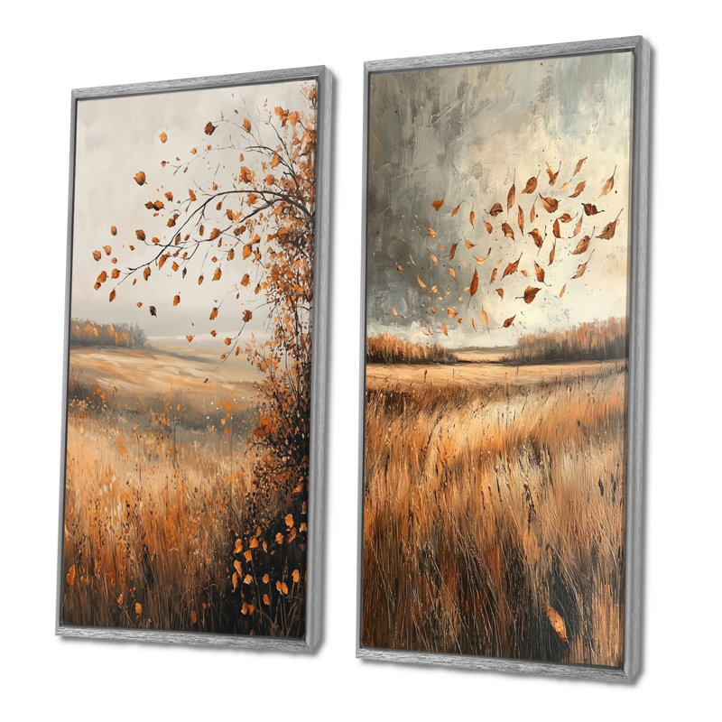 Windy Prairie Leaves In The American Prairies I - Art mural floral 2 pièces, Encadrement argenté, H 32 po x l 33 po