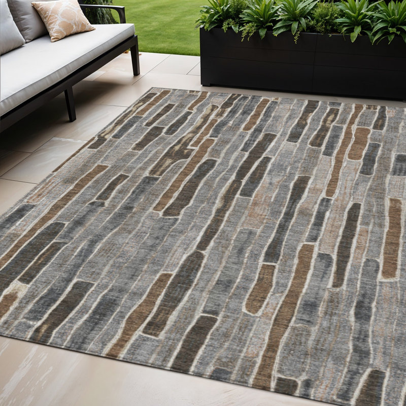 Tapis extérieur lavable rayé 5 pi x 8 pi étain et brun